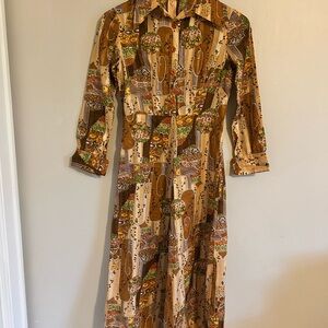 Vintage 60s 70s Hippie Brown Patterned Button-Front Secretary Women's Dress Xs